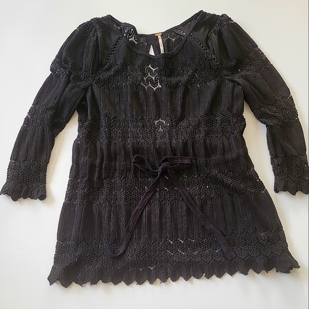 Free People Black Boho crochet elegant bow unique rare Medium sexy see through
